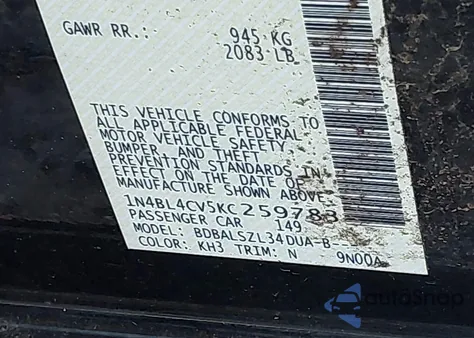 2019 Nissan Altima 2.5 Sr from USA, damaged, VIN 1N4BL4CV5KC259783